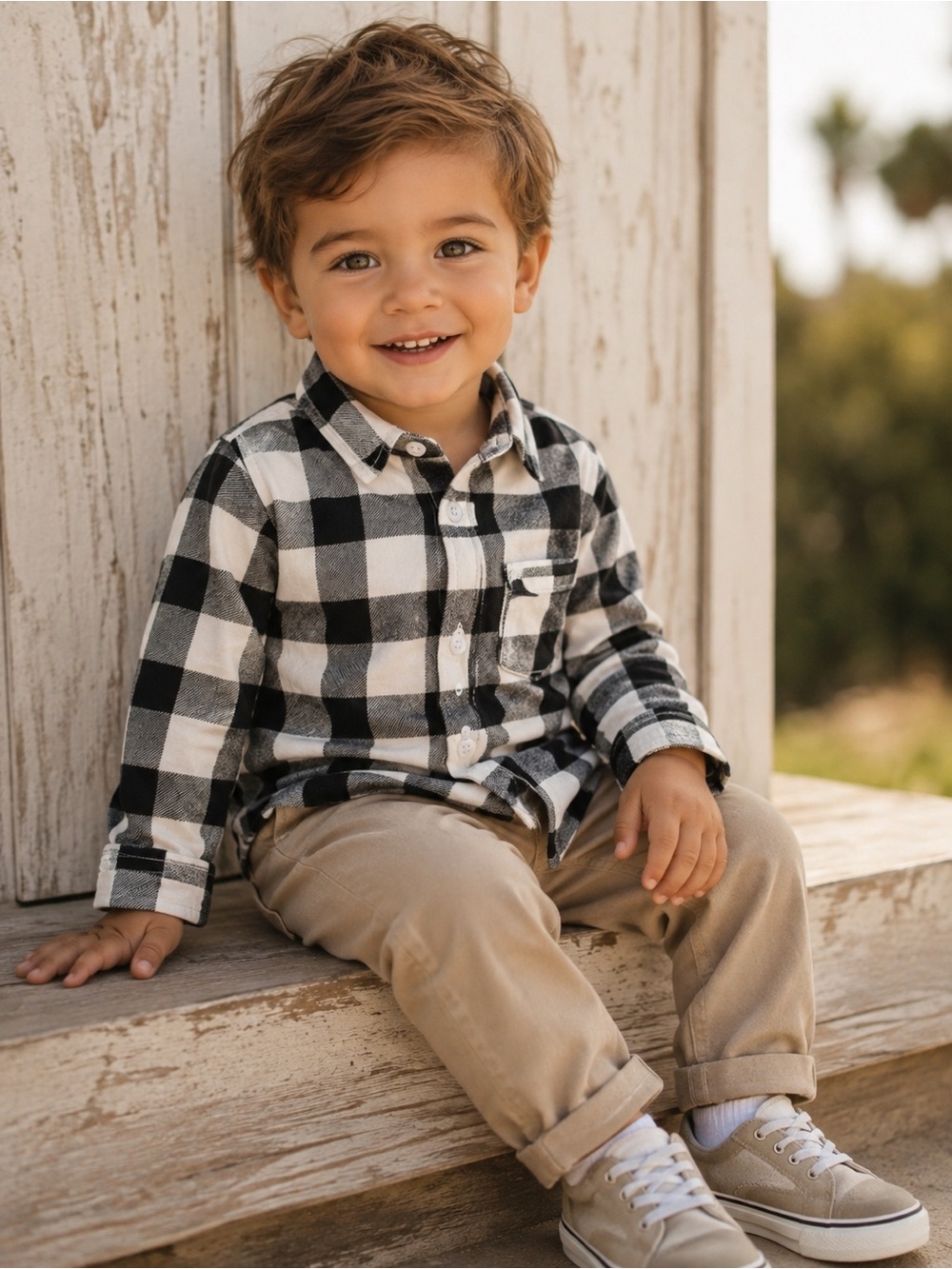 Monica + Andy Black White Buffalo Check Flannel Shirt 2T